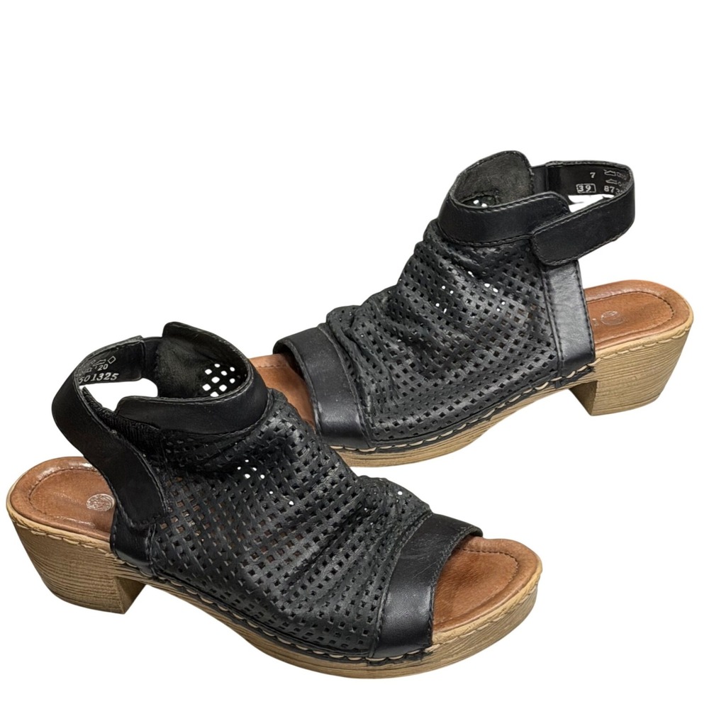 Remonte Perforated Leather Sandals Womens 8 Black Open Toe Ankle Strap Comfort
